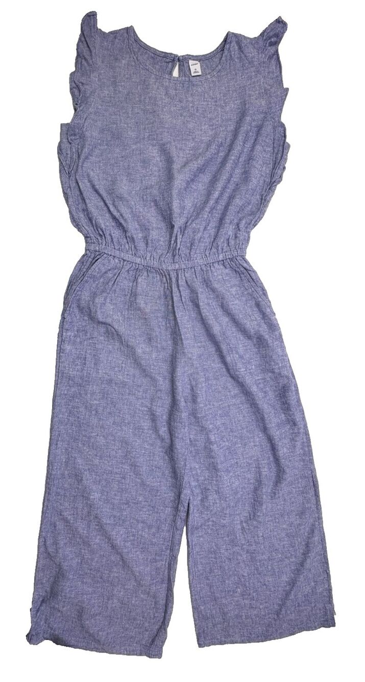 Linen Blend Chambray Jumpsuit Ruffle Sleeve Keyhole Back Wide Leg XS - Picture 3 of 16